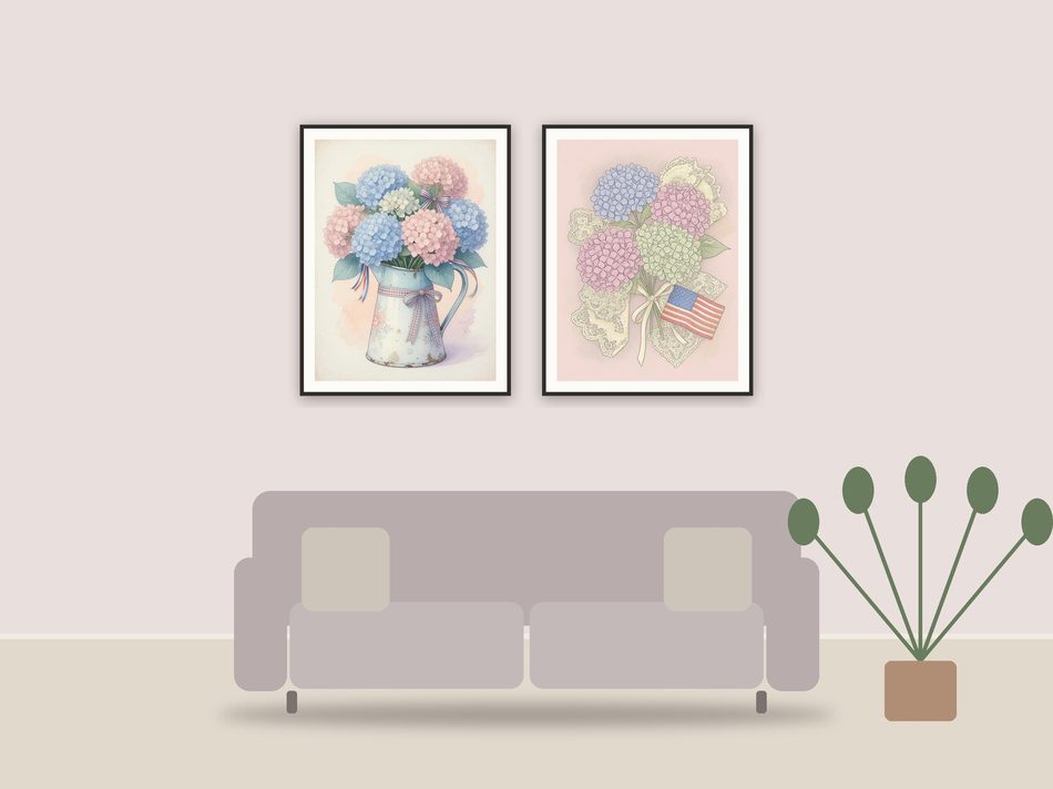 floral americana printable art framed above a sofa in a styled living room