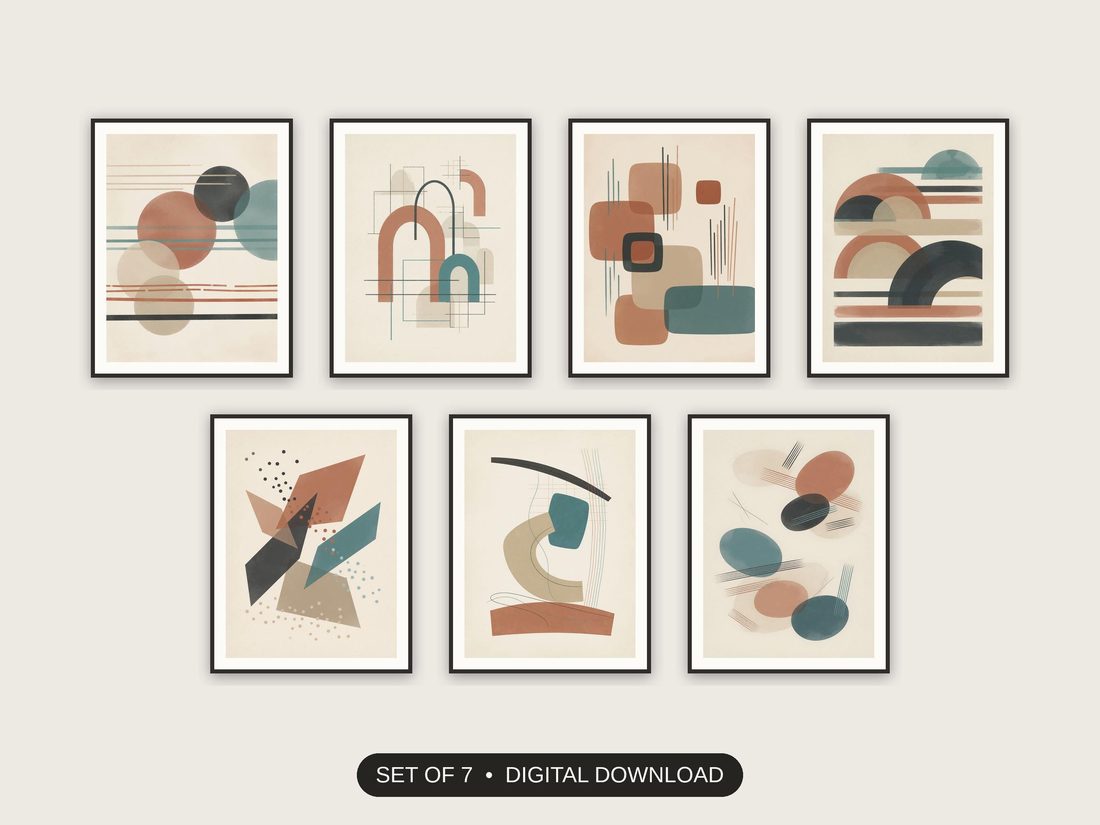 Set of 7 japandi mid-century modern abstract printable prints shown as a gallery wall