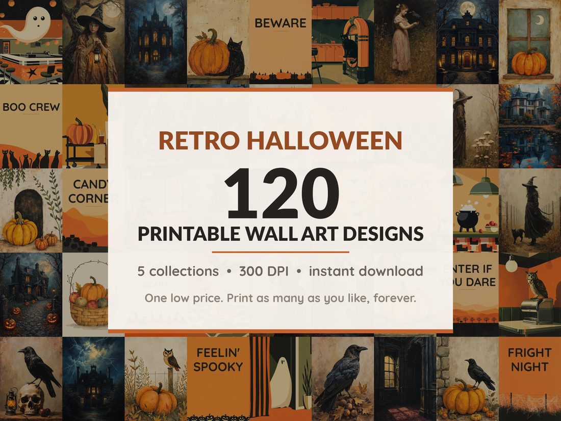 Halloween printable wall art mega bundle with 120 art prints in 5 collections: Atomic Diner Prints, Sepia Lantern Portraits, Candlelit Manor Scenes, Rustic Hearth Folk, Cream Field Lettering