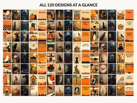 All 120 Halloween printable designs in the bundle shown together on one contact sheet
