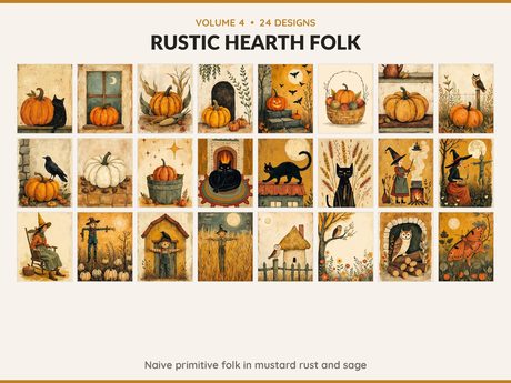 Volume 4 Rustic Hearth Folk: 24 printable Halloween art designs, naive primitive folk in mustard rust and sage