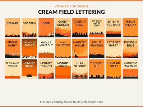 Volume 5 Cream Field Lettering: 24 printable Halloween art designs, flat mid century colour fields with cream text
