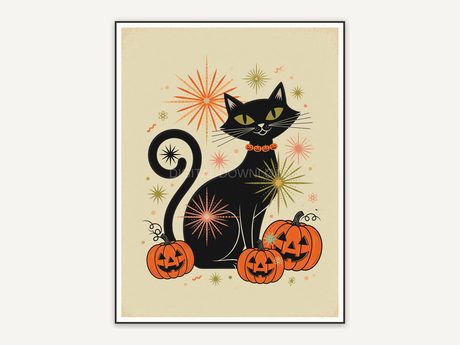 Flat retro illustration of black cat with pumpkins and stars