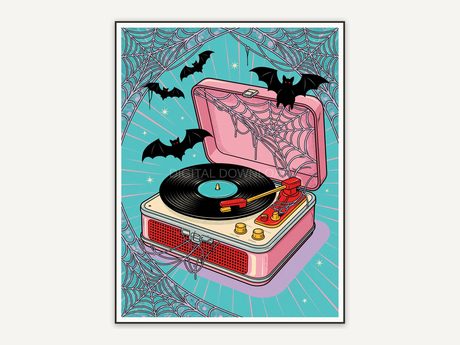 Spider web over record player with bats