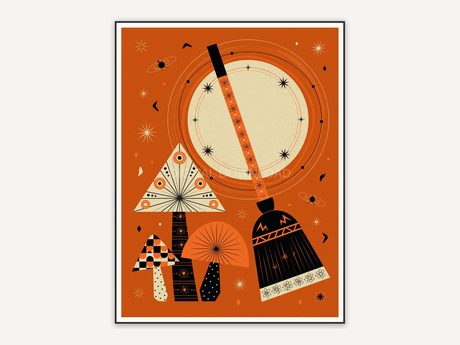 Broom and moon with geometric mushrooms
