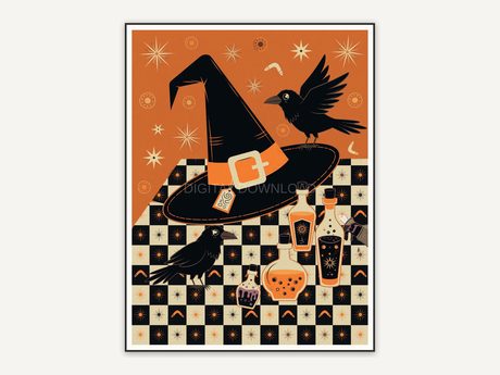 Witch hat on diner table with ravens
