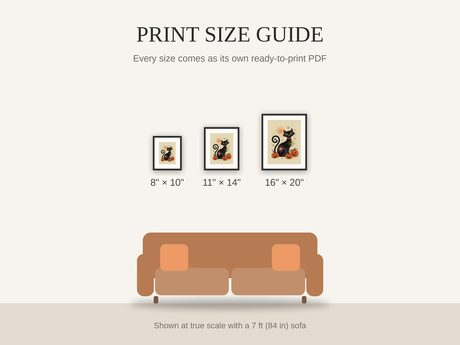 Print size guide showing 8x10, 11x14, and 16x20 framed prints at true scale beside a sofa