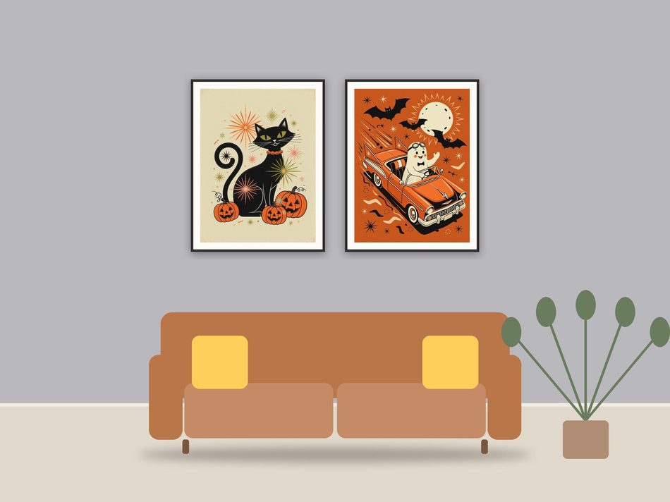 halloween decor and spooky season wall art printable art framed above a sofa in a styled living room