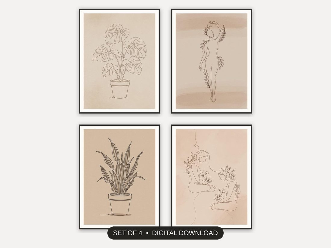 Set of 4 minimalist one-line art printable prints shown as a gallery wall