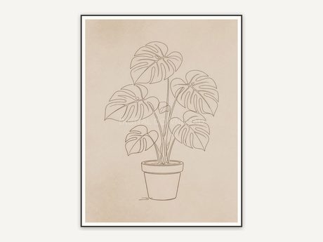 Single line monstera plant drawing in warm neutrals