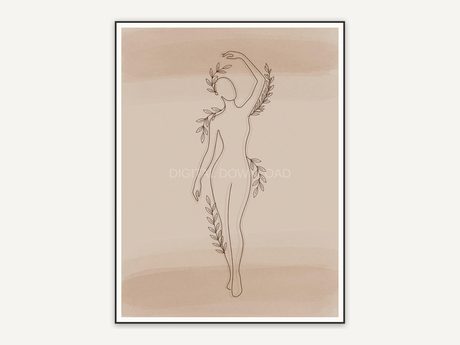 Minimalist line art of abstract standing figure with leaves