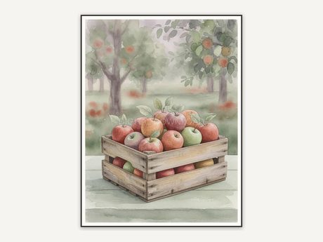 wooden crate of apples muted watercolor print