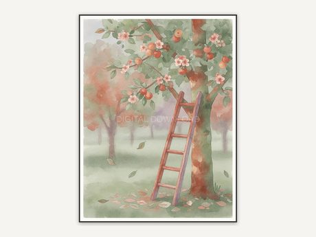 orchard ladder against tree watercolor art