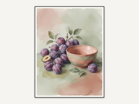 clustered plums in ceramic bowl harvest print