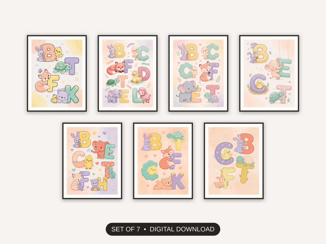 Set of 7 nursery animal art printable prints shown as a gallery wall