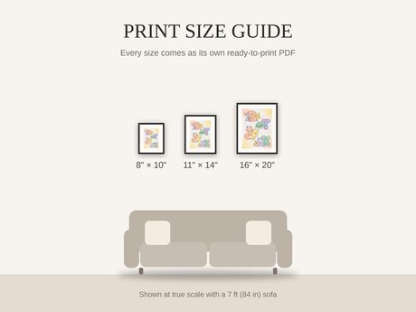 Print size guide showing 8x10, 11x14, and 16x20 framed prints at true scale beside a sofa