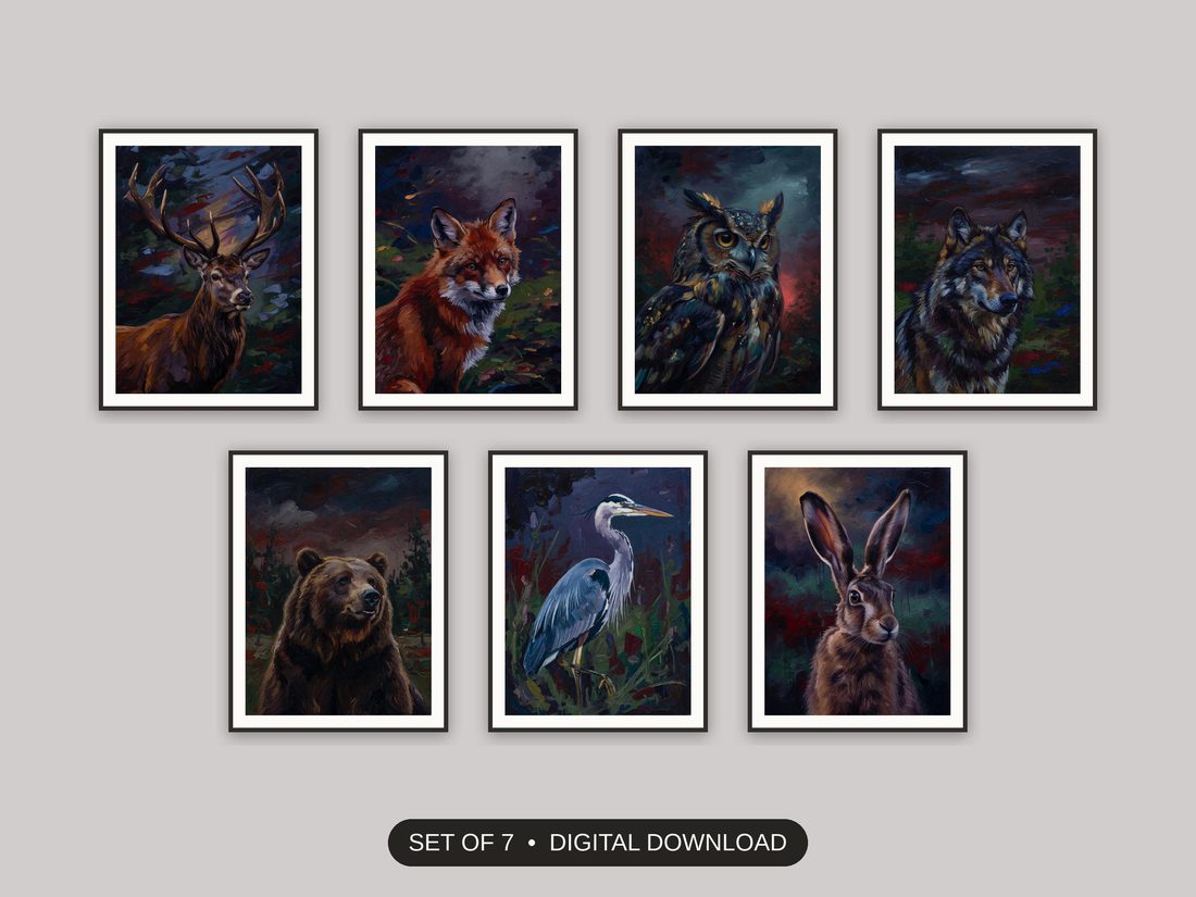 Set of 7 vintage animal portraits printable prints shown as a gallery wall