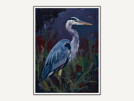 Oil style heron portrait with moody tones