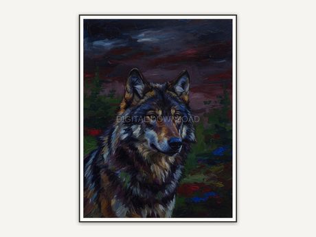 Oil style wolf portrait with moody tones