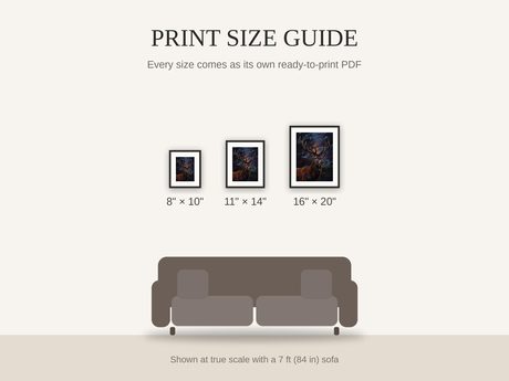 Print size guide showing 8x10, 11x14, and 16x20 framed prints at true scale beside a sofa