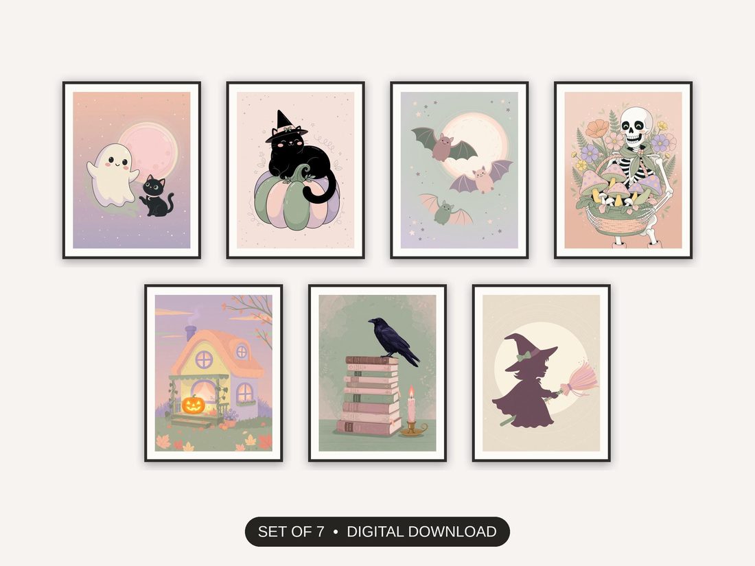 Set of 7 pastel halloween decor printable prints shown as a gallery wall