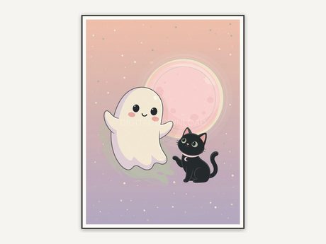 Pastel ghost and black cat under pink moon
