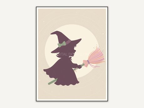 Witch silhouette with broom against moon