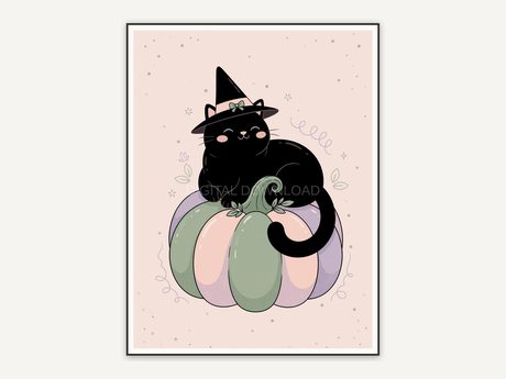 Black cat in witch hat on pastel pumpkin