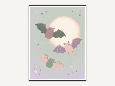 Three bats circling a cream moon