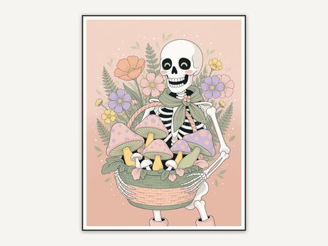 Skeleton with pastel mushrooms and flowers