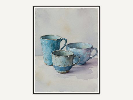 Three blue cups watercolor