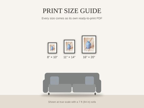Print size guide showing 8x10, 11x14, and 16x20 framed prints at true scale beside a sofa