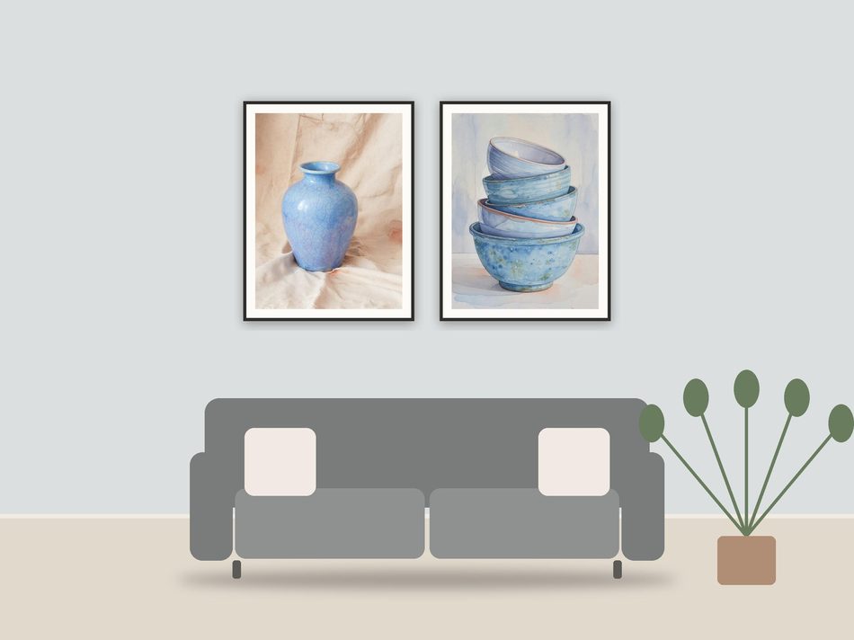 patina blue ceramic studies printable art framed above a sofa in a styled living room