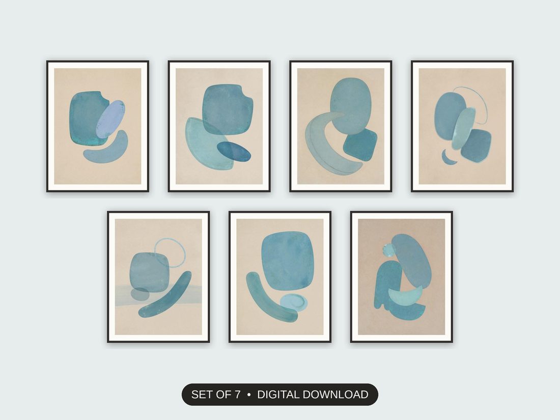 Set of 7 patina blue abstracts printable prints shown as a gallery wall