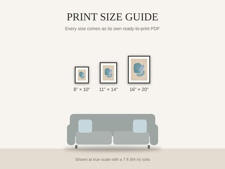 Print size guide showing 8x10, 11x14, and 16x20 framed prints at true scale beside a sofa