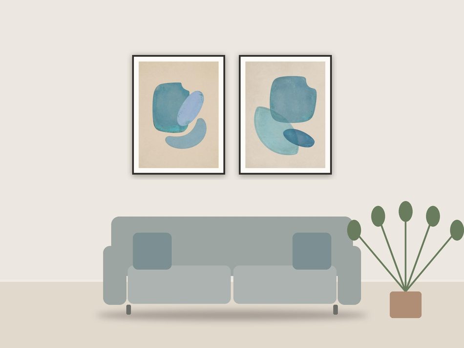 patina blue abstracts printable art framed above a sofa in a styled living room