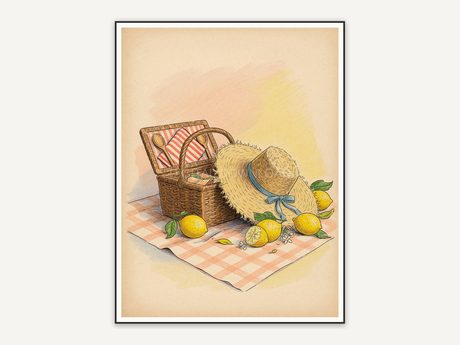 vintage basket with lemons print