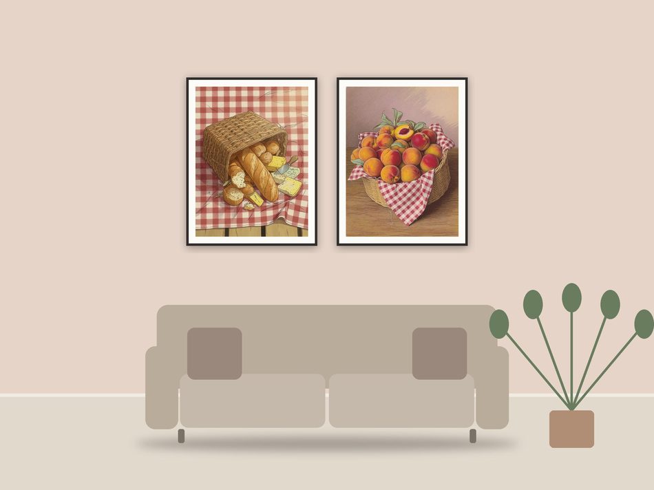 vintage picnic still lifes printable art framed above a sofa in a styled living room
