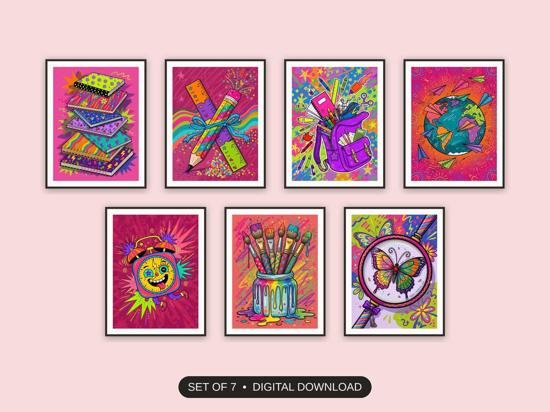 Set of 7 playful classroom icons printable prints shown as a gallery wall
