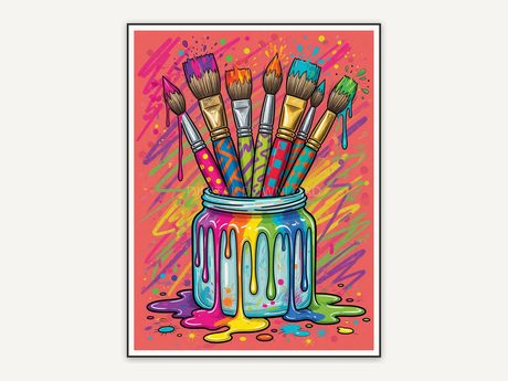 paintbrushes in a jar with rainbow paint drips