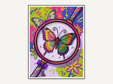 magnifying glass over a colorful butterfly specimen