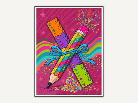 whimsical pencil and ruler set with confetti accents