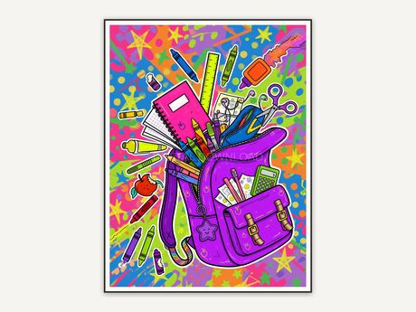 oversized backpack overflowing with school supplies