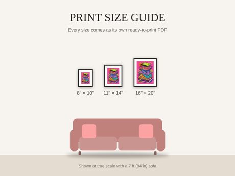 Print size guide showing 8x10, 11x14, and 16x20 framed prints at true scale beside a sofa