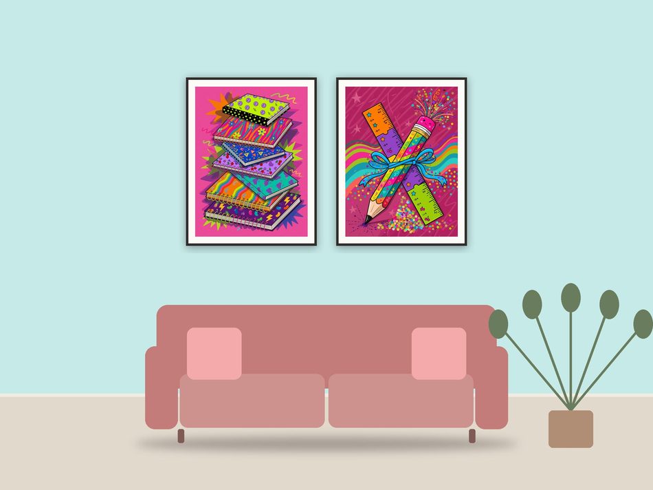 playful classroom icons printable art framed above a sofa in a styled living room