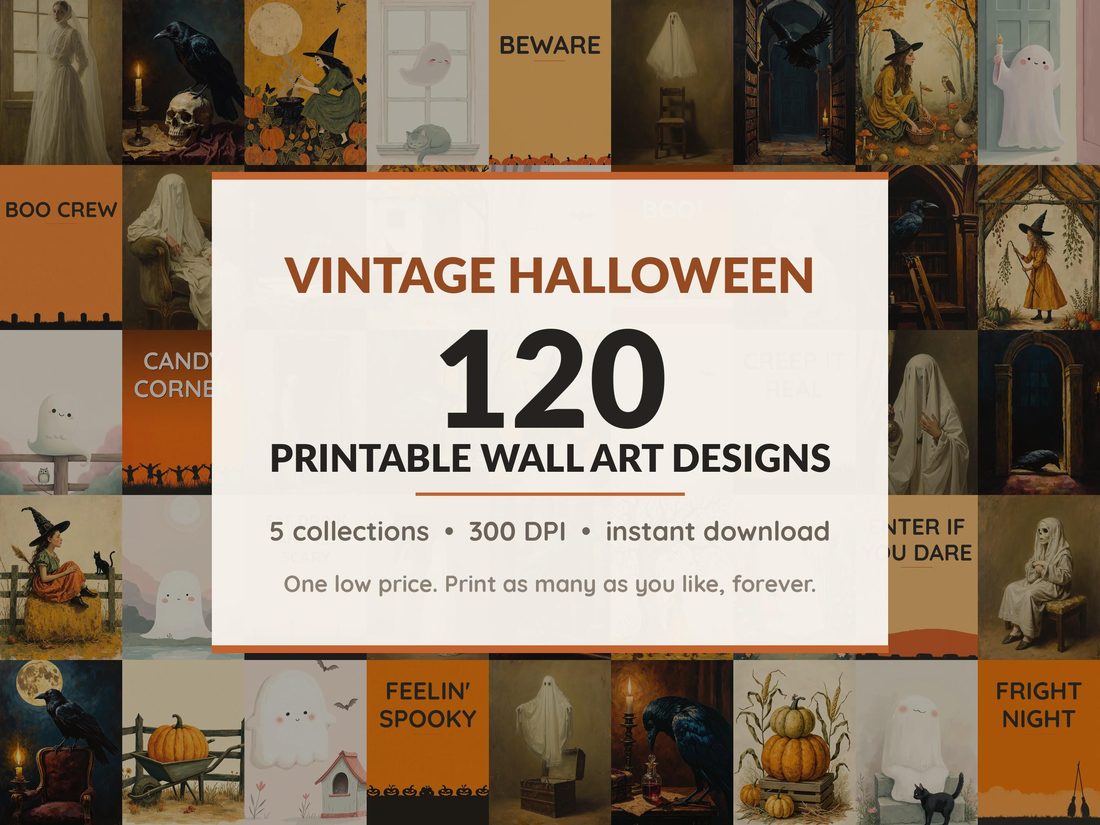 Halloween printable wall art mega bundle with 120 art prints in 5 collections: Varnished Portrait Studies, Candlelit Library Scenes, Harvest Folk Motifs, Blush Phantom Friends, Diner Night Fields