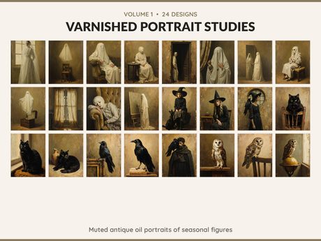 Volume 1 Varnished Portrait Studies: 24 printable Halloween art designs, muted antique oil portraits of seasonal figures