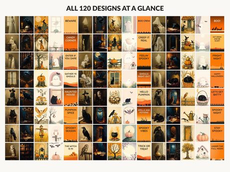 All 120 Halloween printable designs in the bundle shown together on one contact sheet