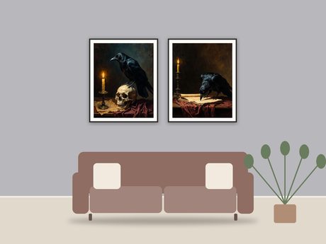 Candlelit Library Scenes printable art framed above a sofa in a styled living room