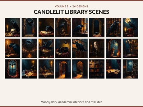 Volume 2 Candlelit Library Scenes: 24 printable Halloween art designs, moody dark academia interiors and still lifes